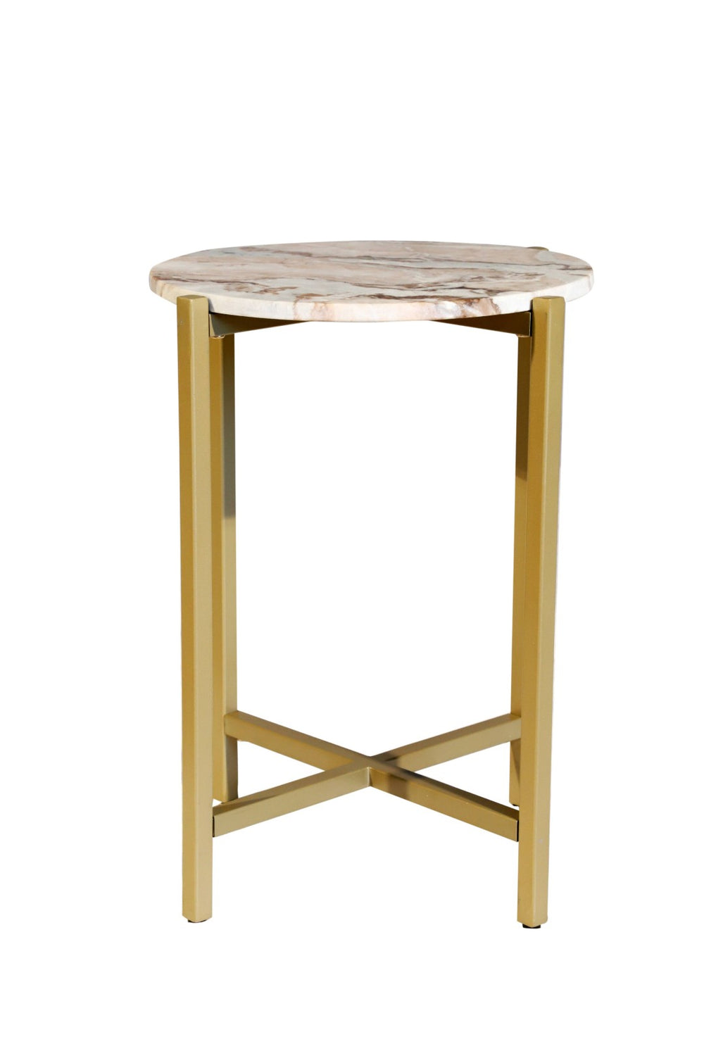 HomeRoots 21" Elegant Brown Tan and Gold Marble Round End Table – Chic Metal Base for Modern Living Spaces 632680