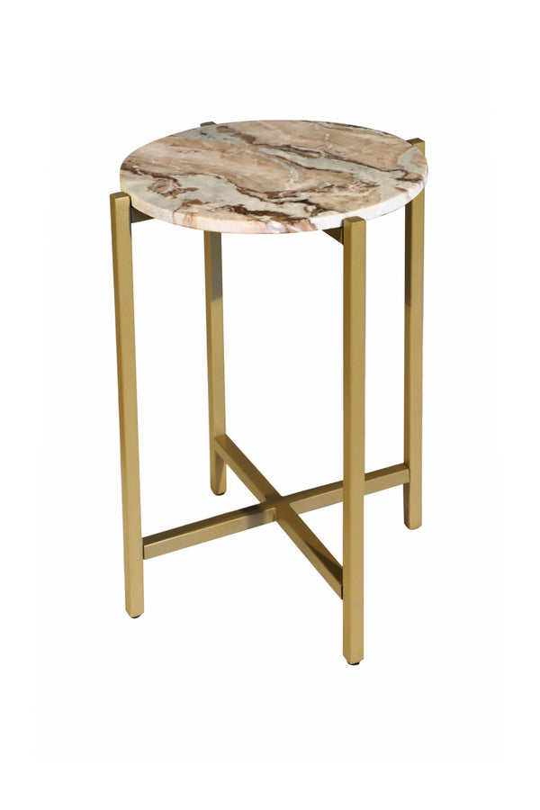 HomeRoots 21" Elegant Brown Tan and Gold Marble Round End Table – Chic Metal Base for Modern Living Spaces 632680