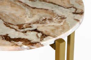 HomeRoots 21" Elegant Brown Tan and Gold Marble Round End Table – Chic Metal Base for Modern Living Spaces 632680