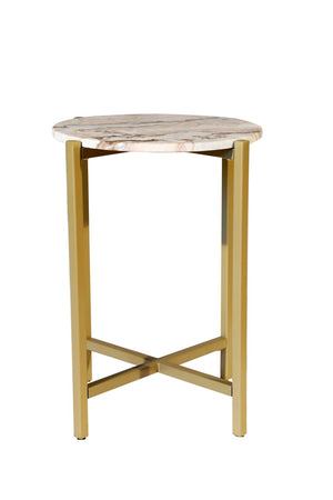 HomeRoots 21" Elegant Brown Tan and Gold Marble Round End Table – Chic Metal Base for Modern Living Spaces 632680