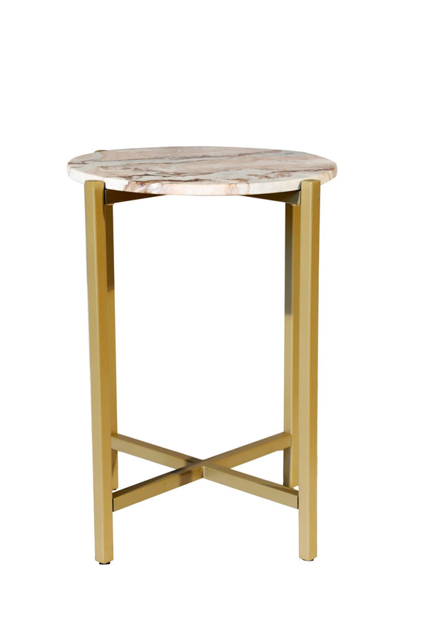 HomeRoots 21" Elegant Brown Tan and Gold Marble Round End Table – Chic Metal Base for Modern Living Spaces 632680
