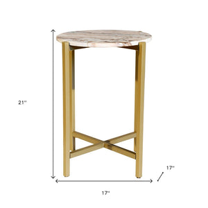 HomeRoots 21" Elegant Brown Tan and Gold Marble Round End Table – Chic Metal Base for Modern Living Spaces 632680