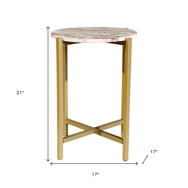HomeRoots 21" Elegant Brown Tan and Gold Marble Round End Table – Chic Metal Base for Modern Living Spaces 632680