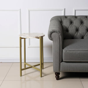 HomeRoots 21" Elegant Brown Tan and Gold Marble Round End Table – Chic Metal Base for Modern Living Spaces 632680