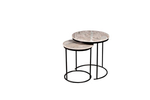 HomeRoots Set of Two Elegant Brown Gray Marble Round Nested Tables with Durable Black Metal Frame 632681