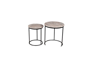 HomeRoots Set of Two Elegant Brown Gray Marble Round Nested Tables with Durable Black Metal Frame 632681