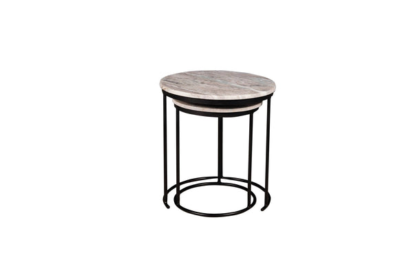 HomeRoots Set of Two Elegant Brown Gray Marble Round Nested Tables with Durable Black Metal Frame 632681