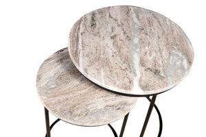 HomeRoots Set of Two Elegant Brown Gray Marble Round Nested Tables with Durable Black Metal Frame 632681