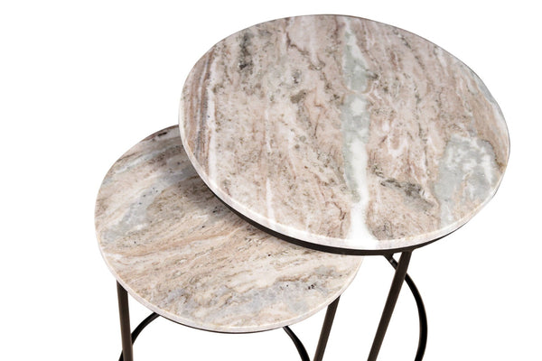 HomeRoots Set of Two Elegant Brown Gray Marble Round Nested Tables with Durable Black Metal Frame 632681