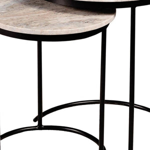 HomeRoots Set of Two Elegant Brown Gray Marble Round Nested Tables with Durable Black Metal Frame 632681