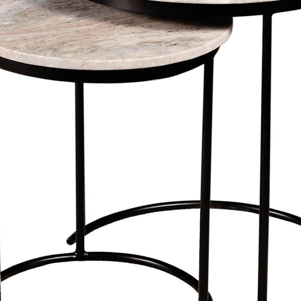 HomeRoots Set of Two Elegant Brown Gray Marble Round Nested Tables with Durable Black Metal Frame 632681