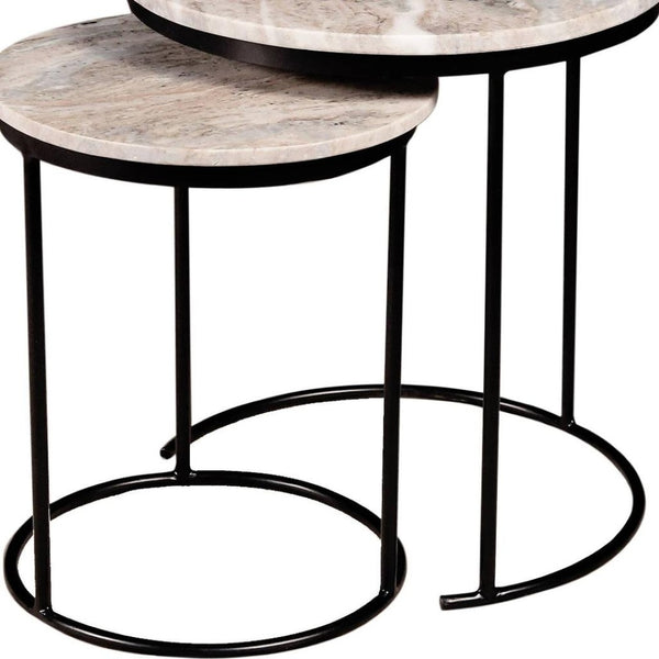 HomeRoots Set of Two Elegant Brown Gray Marble Round Nested Tables with Durable Black Metal Frame 632681