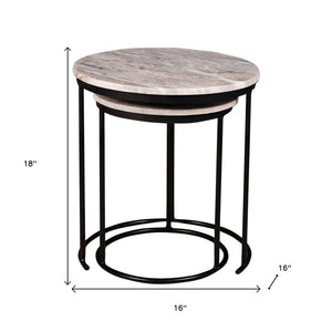 HomeRoots Set of Two Elegant Brown Gray Marble Round Nested Tables with Durable Black Metal Frame 632681