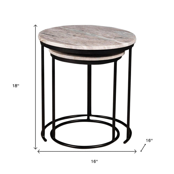 HomeRoots Set of Two Elegant Brown Gray Marble Round Nested Tables with Durable Black Metal Frame 632681
