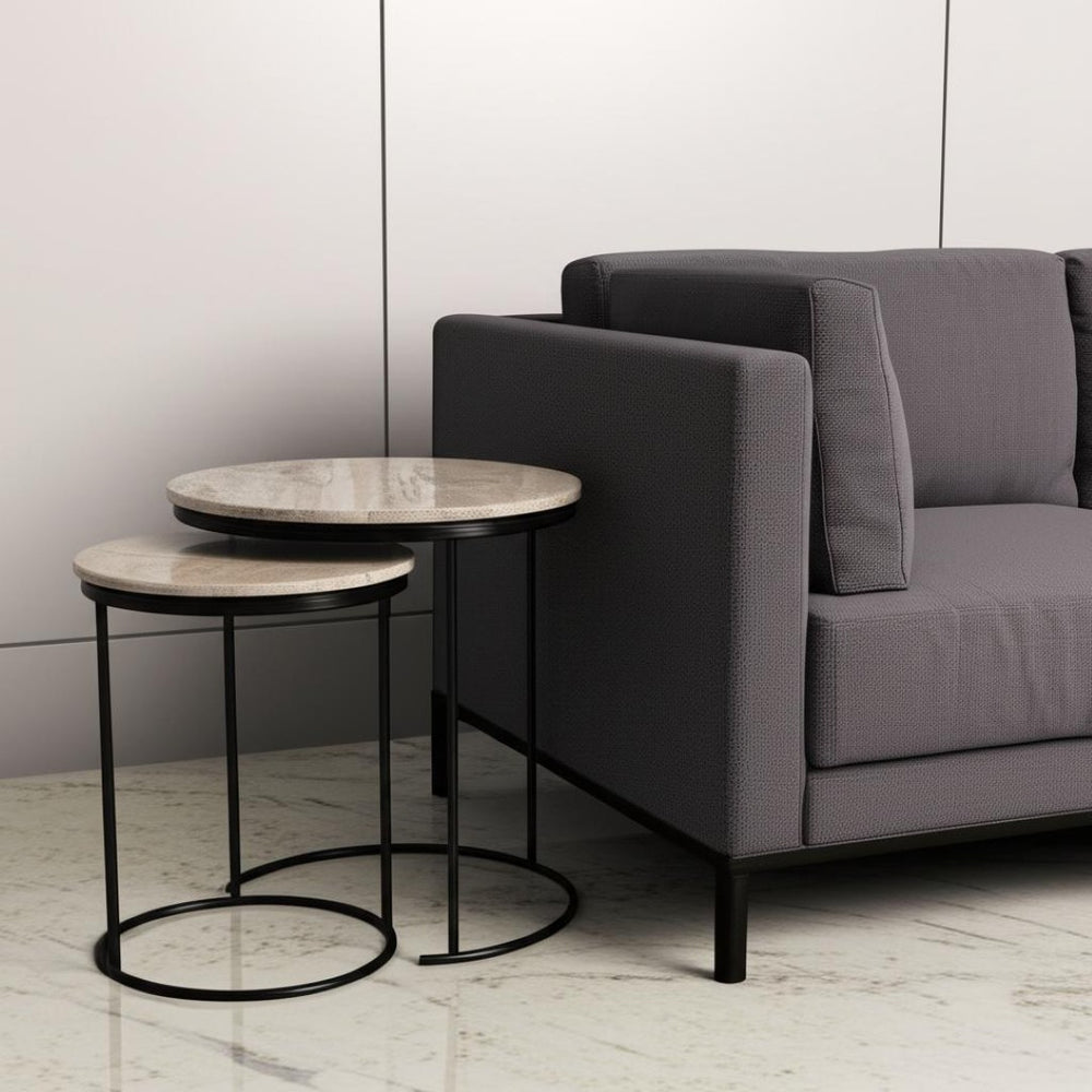HomeRoots Set of Two Elegant Brown Gray Marble Round Nested Tables with Durable Black Metal Frame 632681