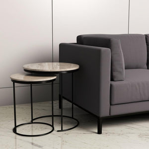 HomeRoots Set of Two Elegant Brown Gray Marble Round Nested Tables with Durable Black Metal Frame 632681