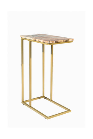 HomeRoots 24" Elegant Brown Tan Marble and Gold Metal End Table – Modern C-Table for Living Spaces and More 632683