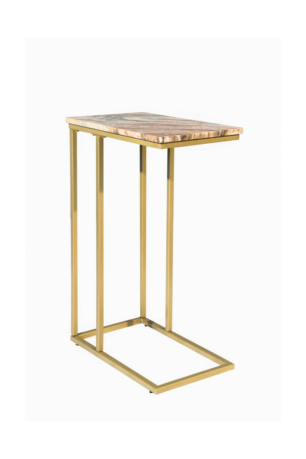 HomeRoots 24" Elegant Brown Tan Marble and Gold Metal End Table – Modern C-Table for Living Spaces and More 632683