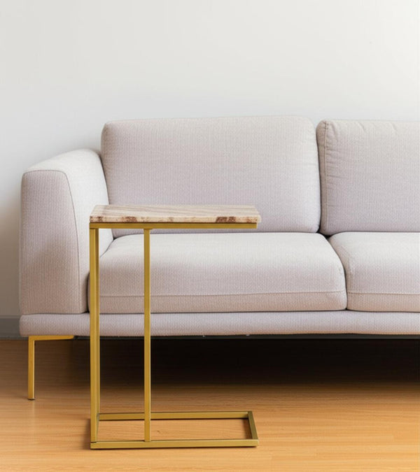 HomeRoots 24" Elegant Brown Tan Marble and Gold Metal End Table – Modern C-Table for Living Spaces and More 632683