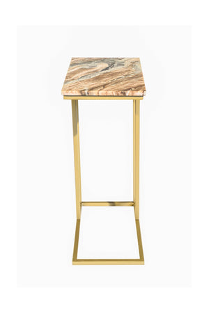 HomeRoots 24" Elegant Brown Tan Marble and Gold Metal End Table – Modern C-Table for Living Spaces and More 632683