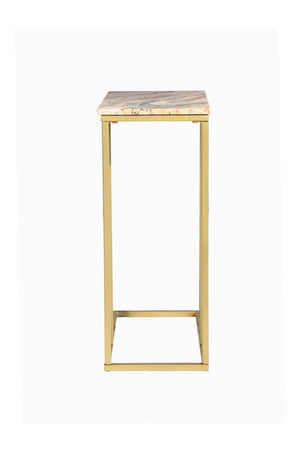 HomeRoots 24" Elegant Brown Tan Marble and Gold Metal End Table – Modern C-Table for Living Spaces and More 632683