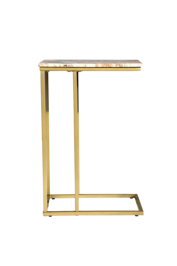 HomeRoots 24" Elegant Brown Tan Marble and Gold Metal End Table – Modern C-Table for Living Spaces and More 632683