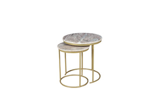 HomeRoots Set of Two Elegant Brown Gray Marble and Gold Metal Round Nested Tables for Stylish Spaces 632686