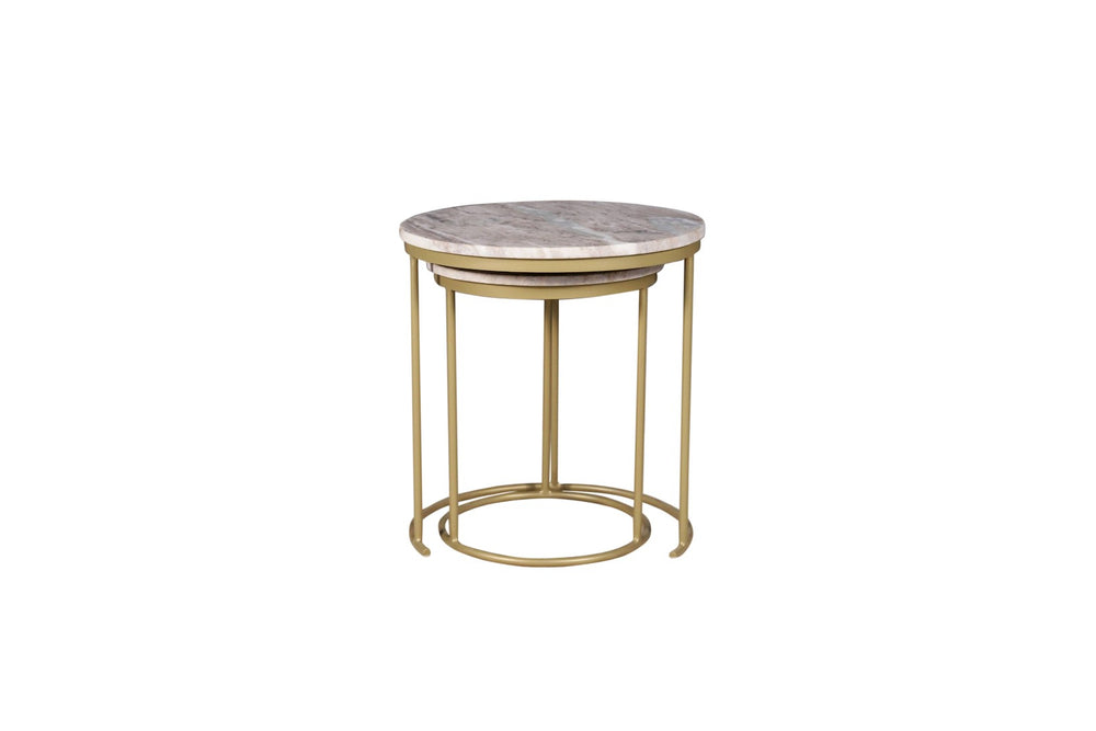 HomeRoots Set of Two Elegant Brown Gray Marble and Gold Metal Round Nested Tables for Stylish Spaces 632686