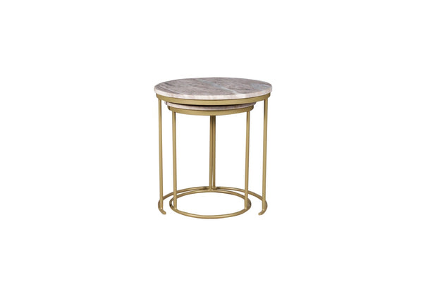 HomeRoots Set of Two Elegant Brown Gray Marble and Gold Metal Round Nested Tables for Stylish Spaces 632686
