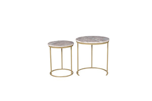 HomeRoots Set of Two Elegant Brown Gray Marble and Gold Metal Round Nested Tables for Stylish Spaces 632686