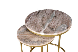 HomeRoots Set of Two Elegant Brown Gray Marble and Gold Metal Round Nested Tables for Stylish Spaces 632686