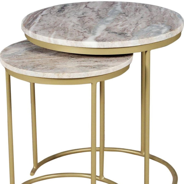 HomeRoots Set of Two Elegant Brown Gray Marble and Gold Metal Round Nested Tables for Stylish Spaces 632686