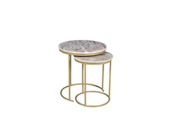 HomeRoots Set of Two Elegant Brown Gray Marble and Gold Metal Round Nested Tables for Stylish Spaces 632686