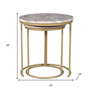HomeRoots Set of Two Elegant Brown Gray Marble and Gold Metal Round Nested Tables for Stylish Spaces 632686