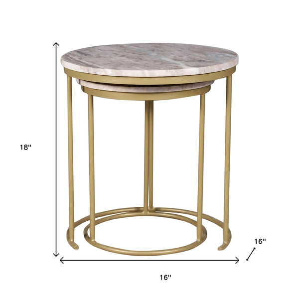 HomeRoots Set of Two Elegant Brown Gray Marble and Gold Metal Round Nested Tables for Stylish Spaces 632686