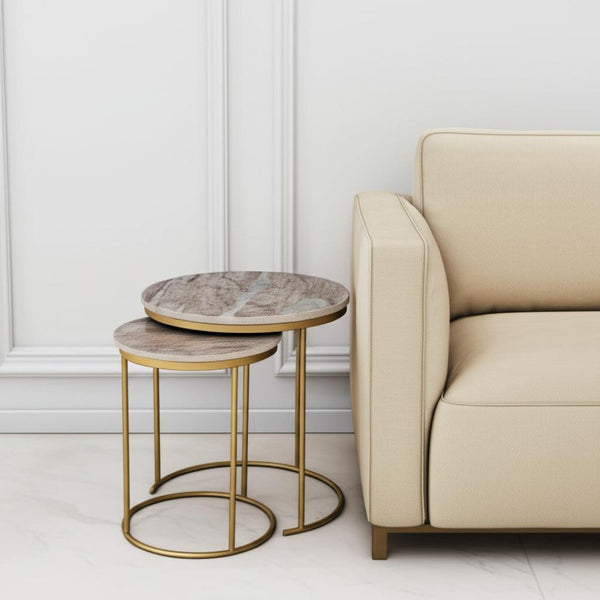 HomeRoots Set of Two Elegant Brown Gray Marble and Gold Metal Round Nested Tables for Stylish Spaces 632686