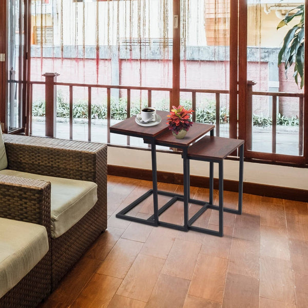 HomeRoots Set of Three Modern Rustic Nested Tables with Reclaimed Wood and Sleek Black Metal Base Design 632689