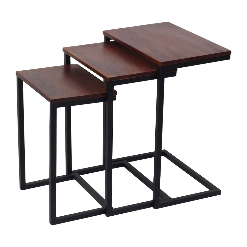 HomeRoots Set of Three Modern Rustic Nested Tables with Reclaimed Wood and Sleek Black Metal Base Design 632689
