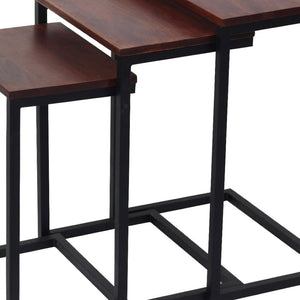 HomeRoots Set of Three Modern Rustic Nested Tables with Reclaimed Wood and Sleek Black Metal Base Design 632689