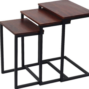 HomeRoots Set of Three Modern Rustic Nested Tables with Reclaimed Wood and Sleek Black Metal Base Design 632689
