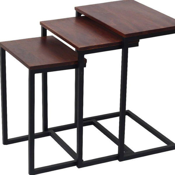 HomeRoots Set of Three Modern Rustic Nested Tables with Reclaimed Wood and Sleek Black Metal Base Design 632689