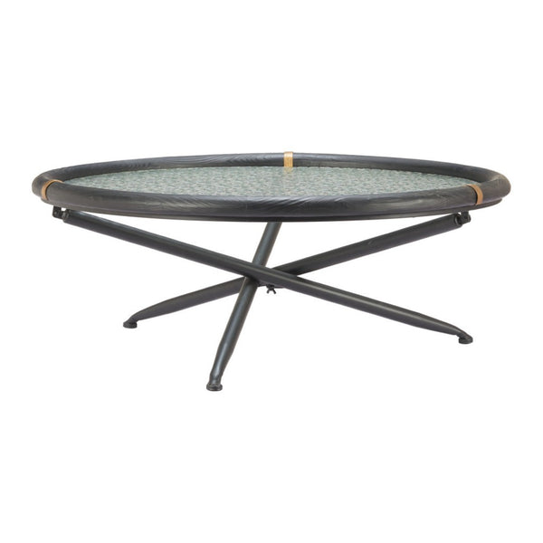 HomeRoots 40" Modern Round Coffee Table with Black Glass Top & Solid Wood Sled Base - Stylish & Versatile Design 632690