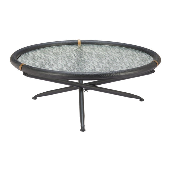 HomeRoots 40" Modern Round Coffee Table with Black Glass Top & Solid Wood Sled Base - Stylish & Versatile Design 632690