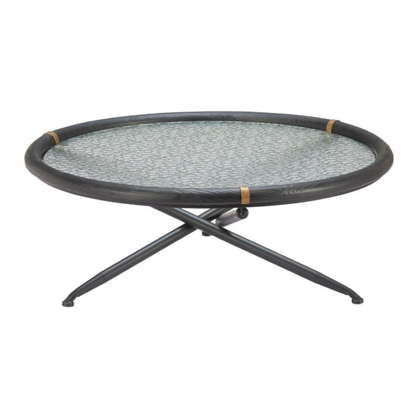 HomeRoots 40" Modern Round Coffee Table with Black Glass Top & Solid Wood Sled Base - Stylish & Versatile Design 632690