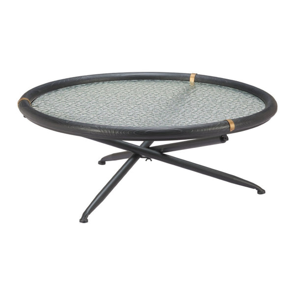 HomeRoots 40" Modern Round Coffee Table with Black Glass Top & Solid Wood Sled Base - Stylish & Versatile Design 632690