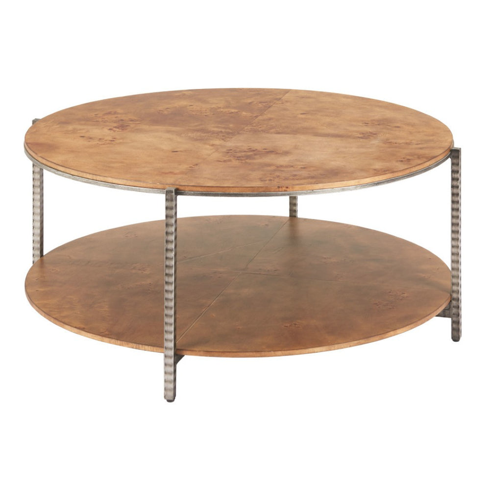 HomeRoots 39" Round Brown Wood and Steel Coffee Table – Modern Industrial Design for Living Rooms & Offices 632691