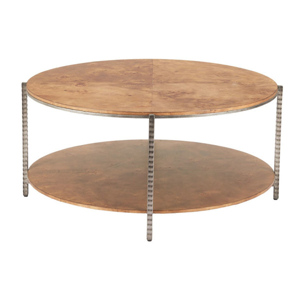 HomeRoots 39" Round Brown Wood and Steel Coffee Table – Modern Industrial Design for Living Rooms & Offices 632691