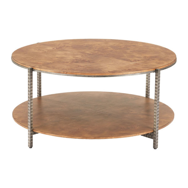 HomeRoots 39" Round Brown Wood and Steel Coffee Table – Modern Industrial Design for Living Rooms & Offices 632691
