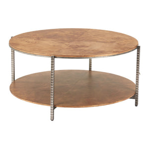 HomeRoots 39" Round Brown Wood and Steel Coffee Table – Modern Industrial Design for Living Rooms & Offices 632691