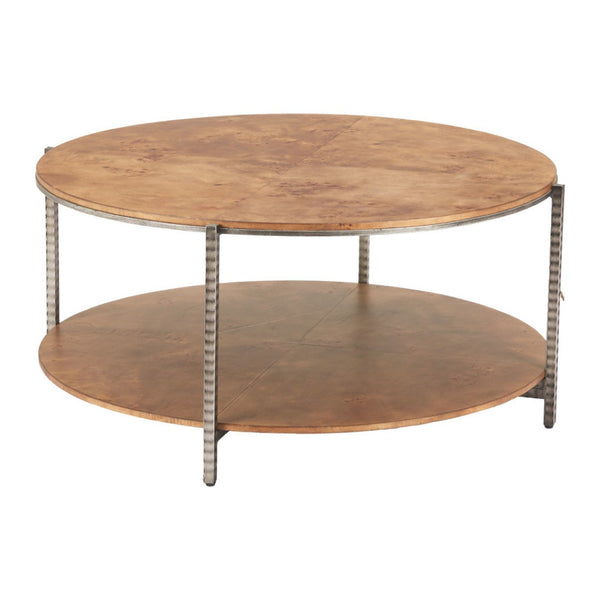 HomeRoots 39" Round Brown Wood and Steel Coffee Table – Modern Industrial Design for Living Rooms & Offices 632691